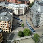 View of trams at Holbergs Plass from the hotel room