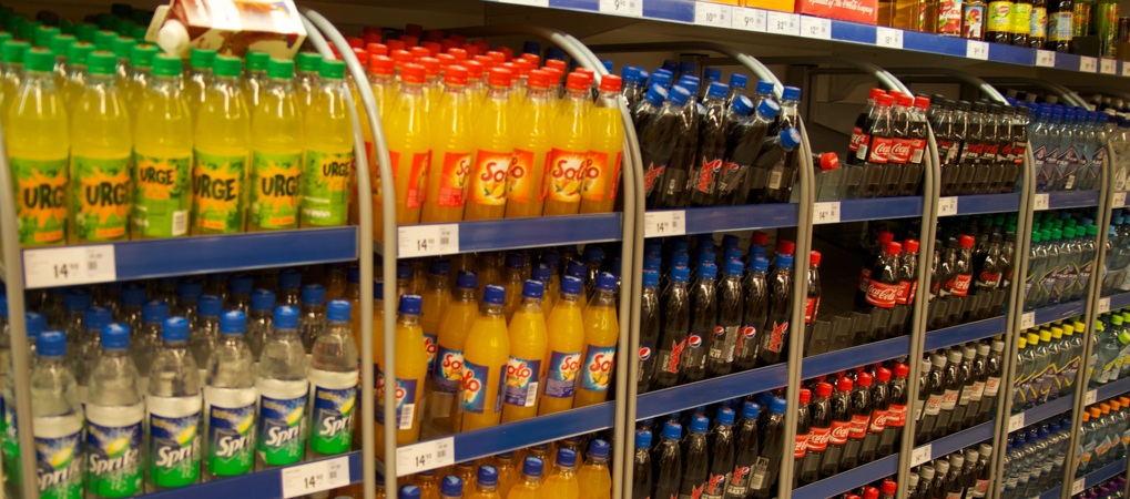 Plastic drinks bottles inside a Norwegian supermarket.