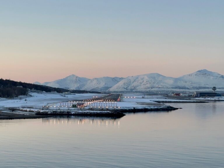 Tromsø Airport runway seen from a passing ship. Photo: David Nikel.