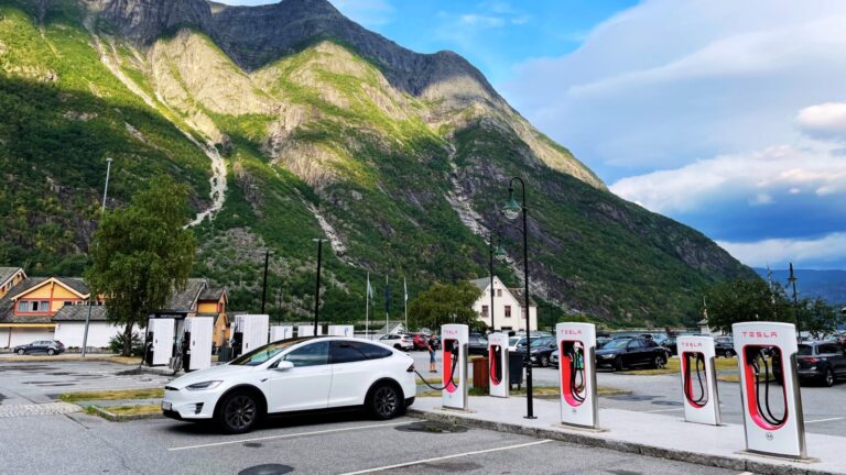Electric car charging stations in Eidfjord, Norway.
