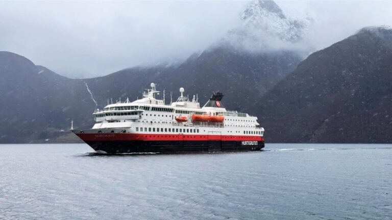 Hurtigruten's MS Nordkapp in the Hjørundfjord. Photo: David Nikel.
