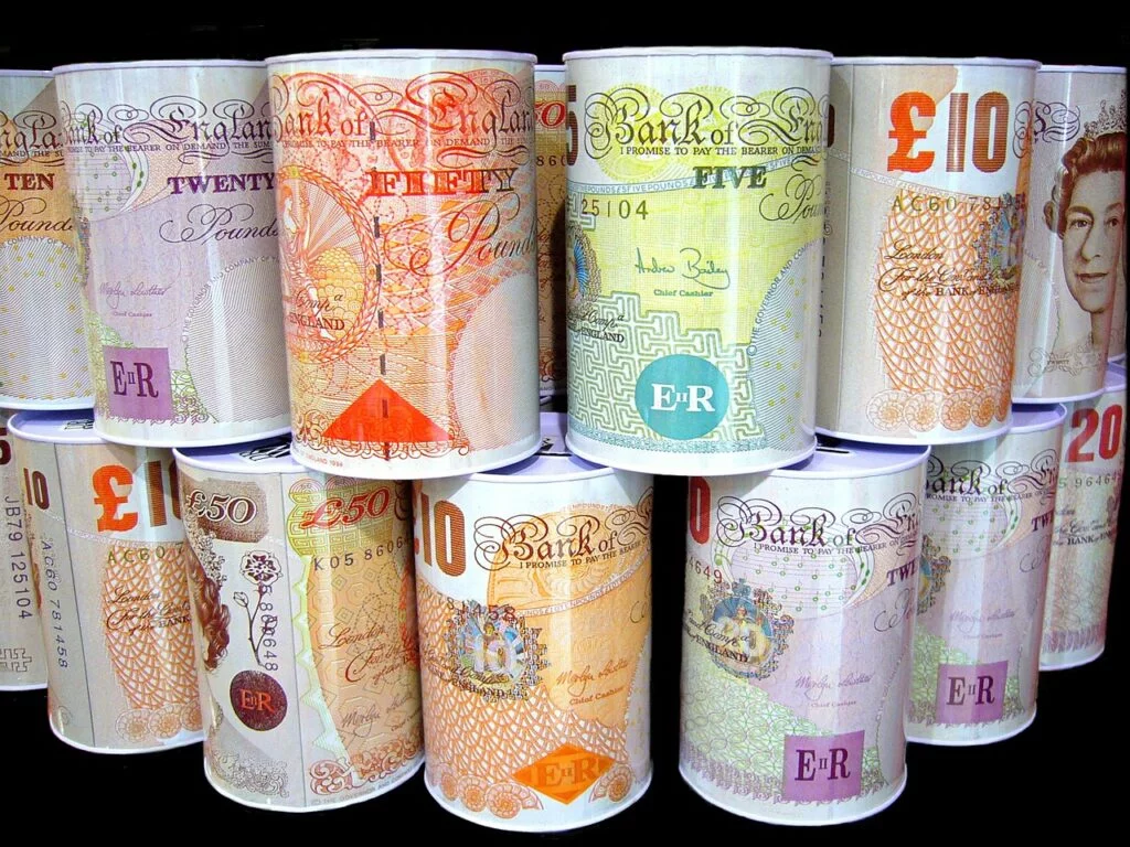 Rolls of British Pound notes.