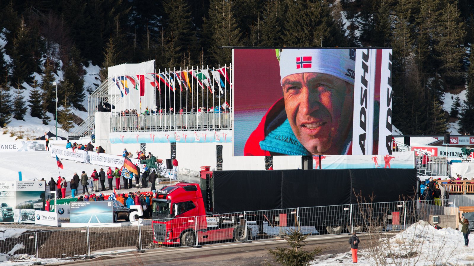 Screen of bronze medalist Ole Einar Bjørndalen (Norway), IBU World Championship Biathlon 2017, Hochfilzen, Austria. Photo: Anrephoto / Shutterstock.com.