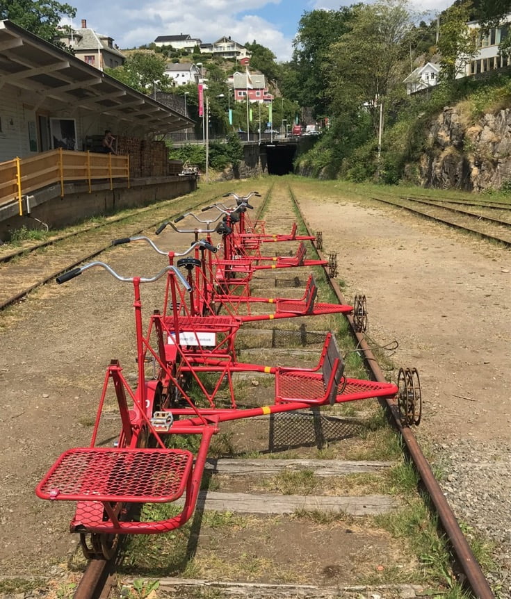 The starting point of the old Flekkefjord railway, now a rail bike attraction. Photo: David Nikel.