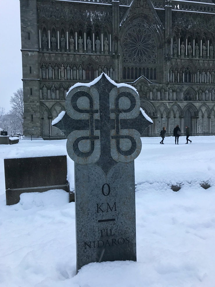A milestone marking the pilgrims' arrival at Nidaros Cathedral in Trondheim, Norway