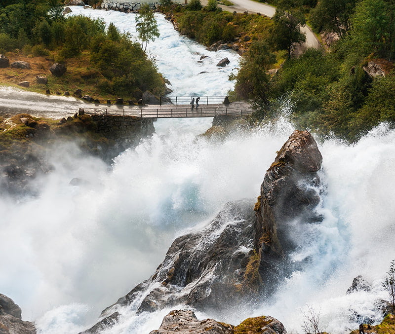 Kleivafossen waterfall near the Briksdalsbreen Glacier in Norway.