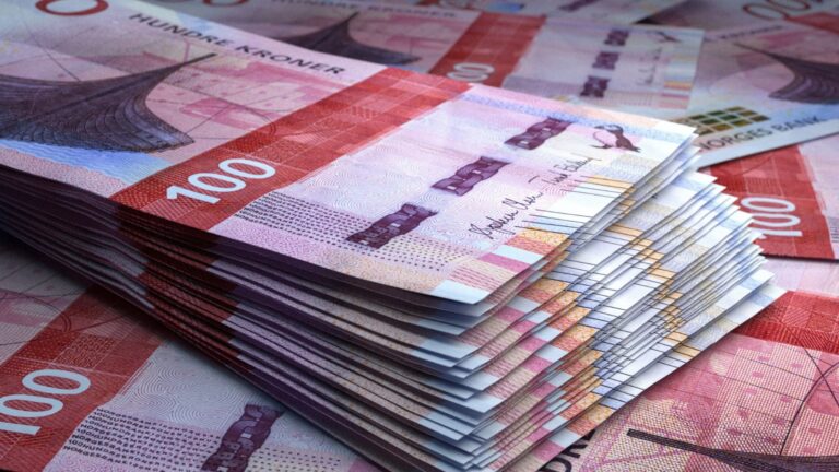 A pile of Norwegian banknotes.