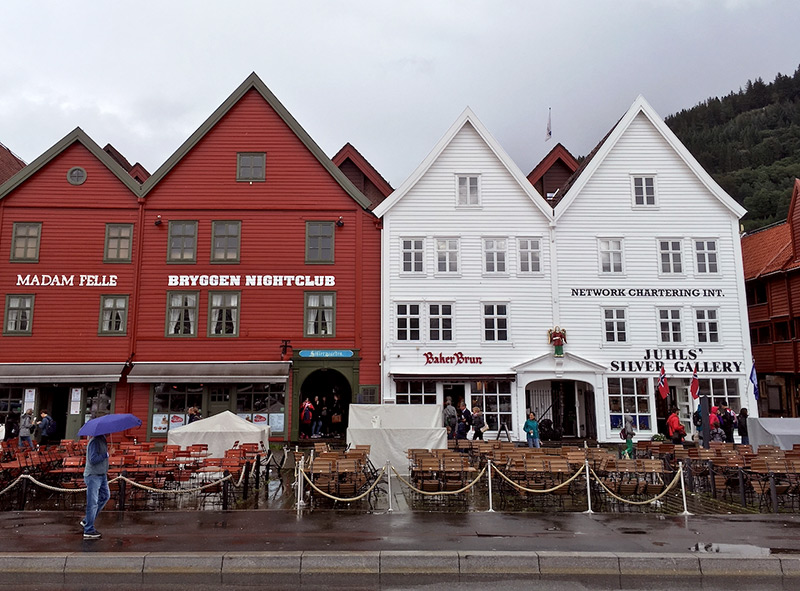 Bergen's Bryggen in the rain. Photo: David Nikel.