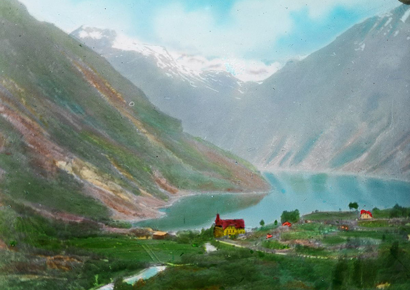 Lantern slide of Geiranger, Norway, circa 1900