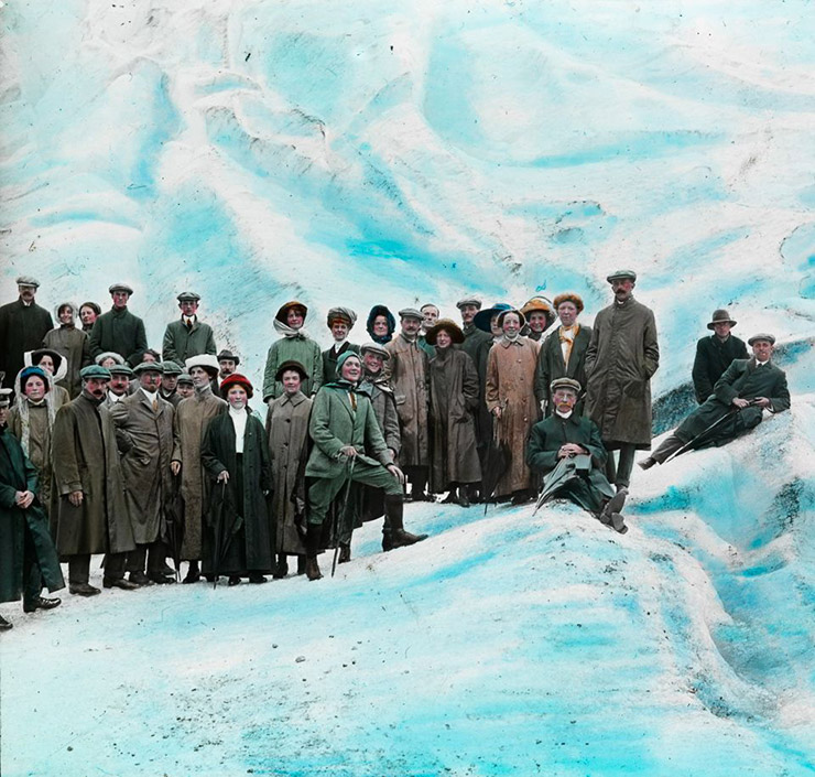Tourists on a glacier in Norway around 1900