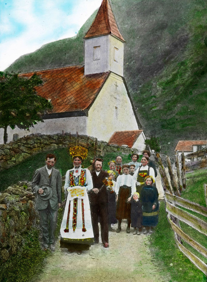 A coloured slide depicting a wedding procession in Eidfjord, Norway