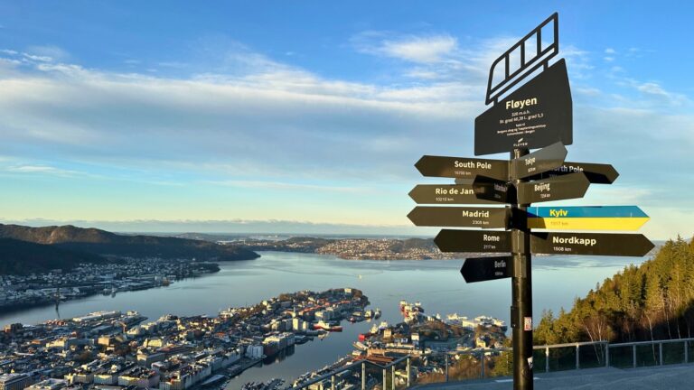 Fløyen signpost in Bergen, Norway. Photo: David Nikel.