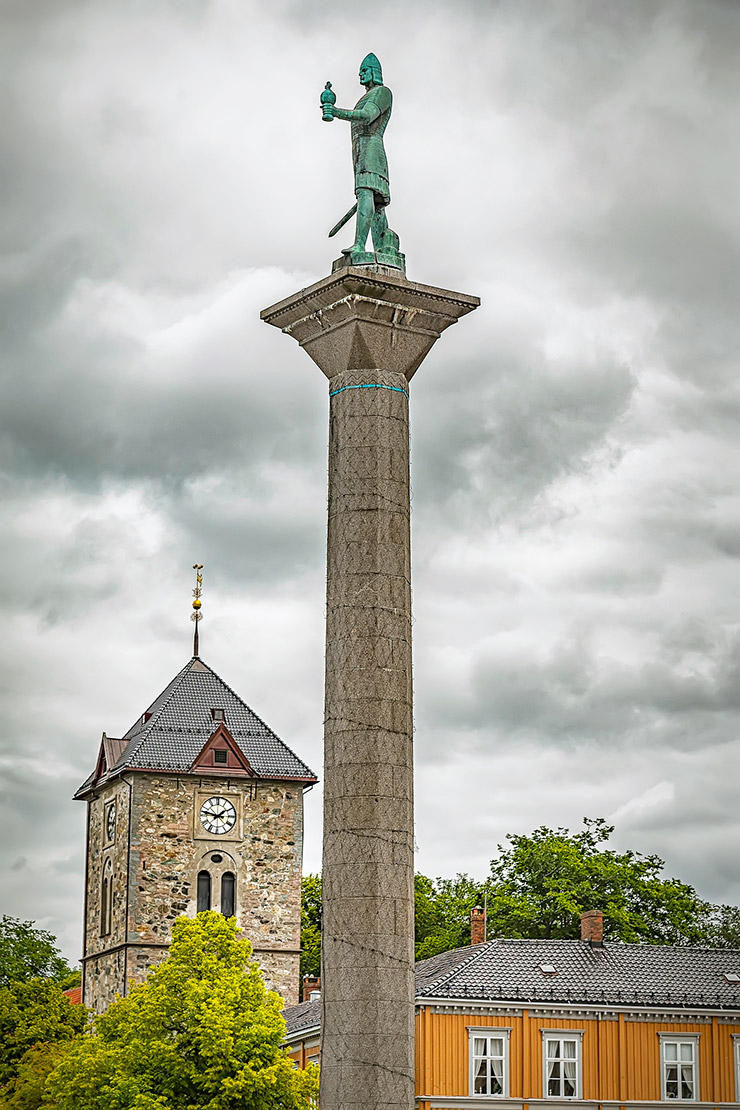 The famous Olav Tryggvason statue on Torvet, Trondheiim's market square, in Norway