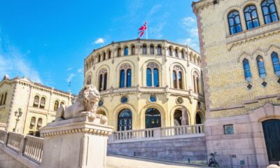 The exterior of the Norwegian parliament building in Oslo, Norway