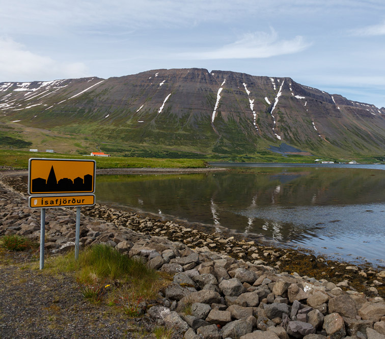 A road sign at the entrance to Isafjordur, Iceland.