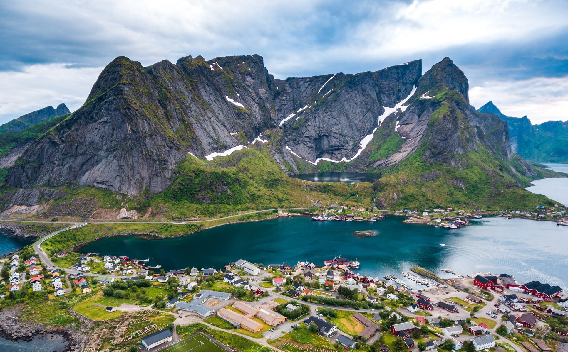 Drone shot of Reine in the Lofoten Islands of Norway