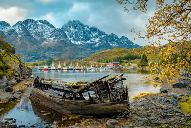Wrecked wooden boat in Lofoten's Austnesfjord