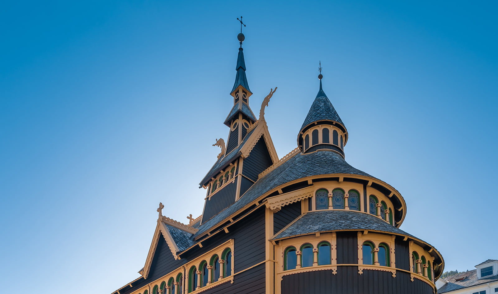 Balestrand church and a blue sky in Norway