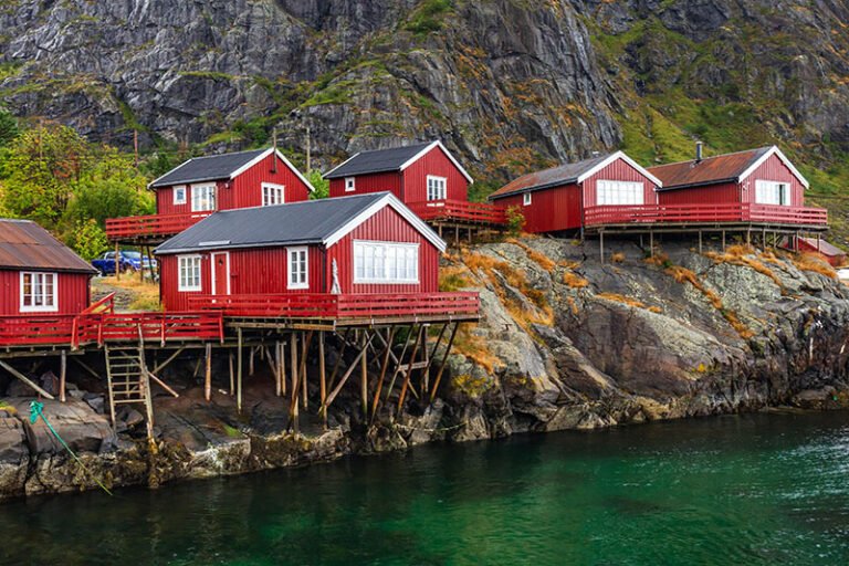 Red rorbuer fisherman's cabins in Å in Lofoten, Norway