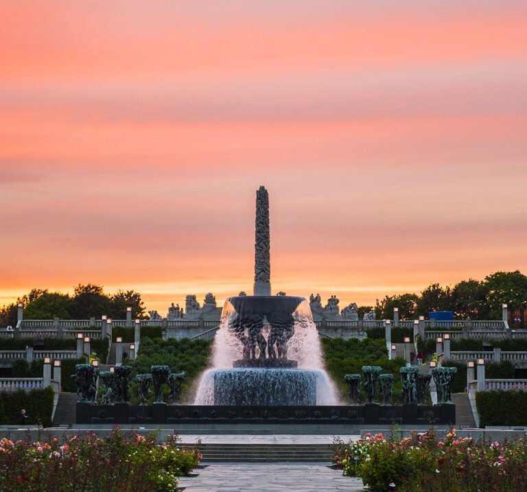 Oslo's Vigeland Sculpture Park at sunset.