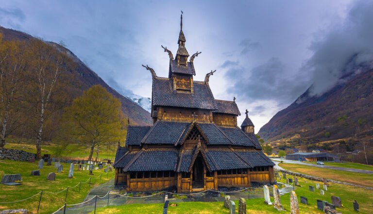 Borgund stave church in rural Norway