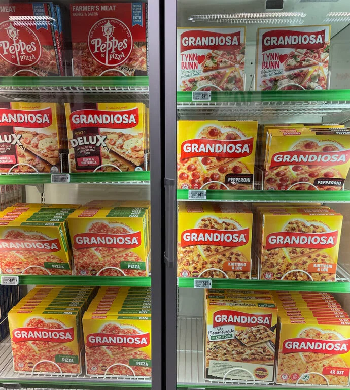 Frozen pizza in a Norwegian supermarket.