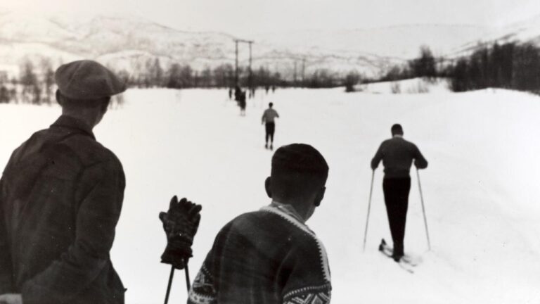 Historic image of skiing in Norway.