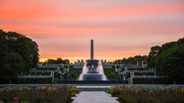 Vigeland Park in Oslo sunset.