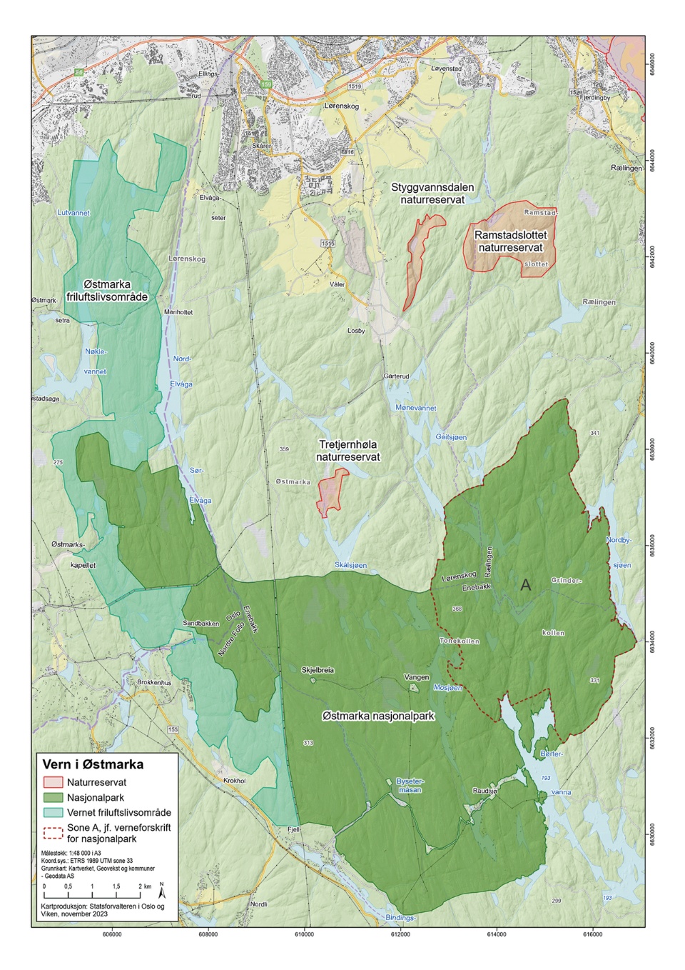 Boundary map of the new Østmarka National Park. Photo: Klima- og miljødepartementet (KLD).
