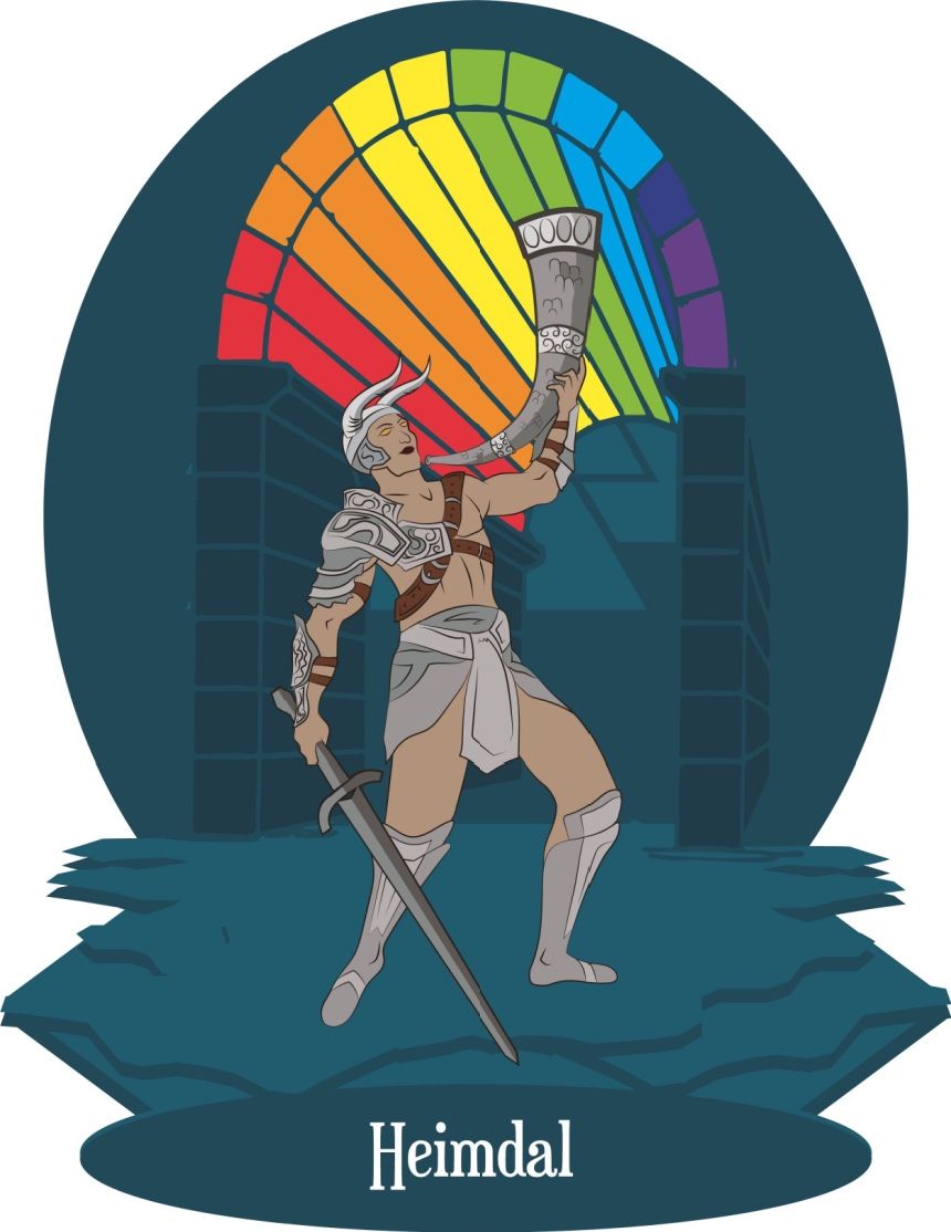 Illustration of Heimdall and Bifrost.
