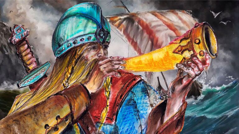 Illustration of Heimdall with the Gjallarhorn.