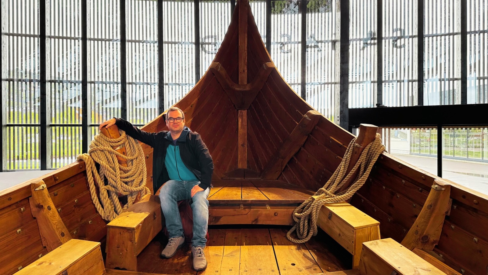 David in the replica Myklebust Viking ship in Nordfjordeid, Norway. Photo: David Nikel.
