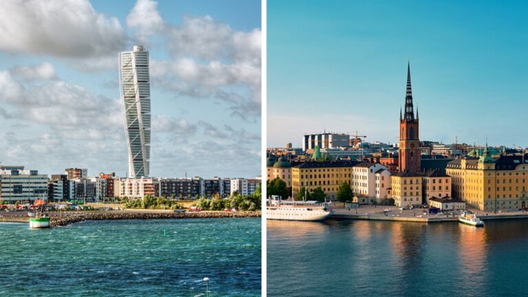 Skyline of Malmö and Stockholm.
