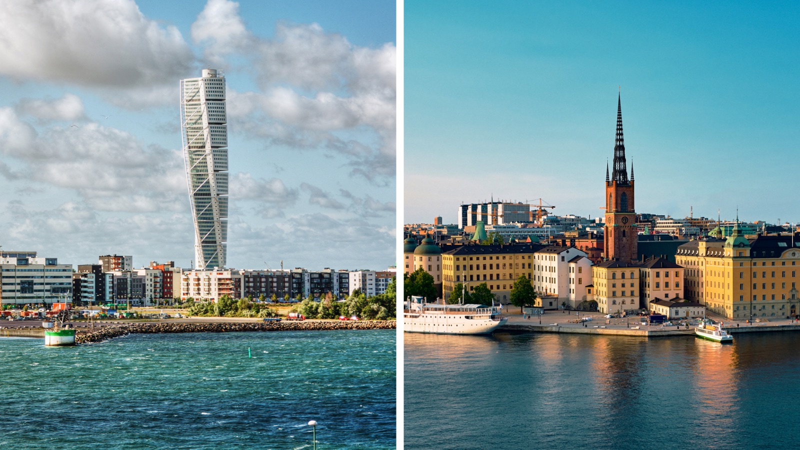 Skyline of Malmö and Stockholm.