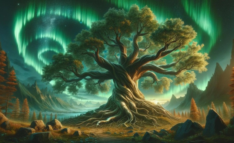 An illustration of Yggdrasil with aurora borealis overhead.