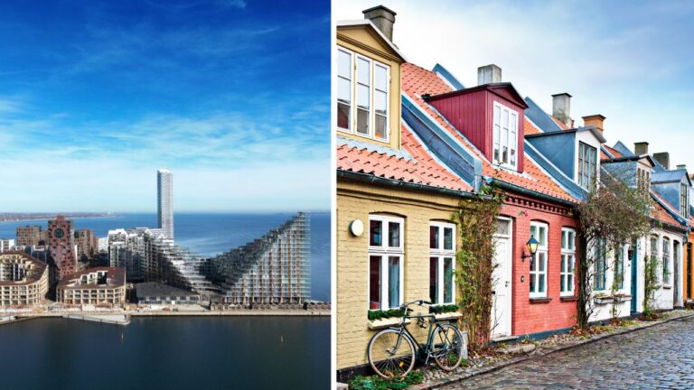 Modern architecture and traditional buildings in Aarhus, Denmark.