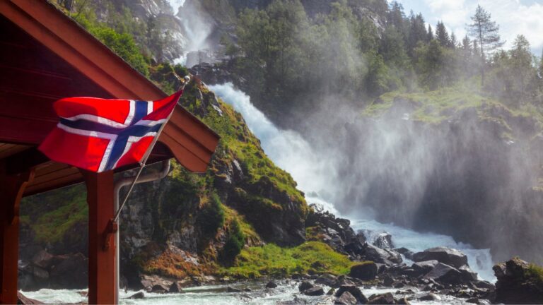 Norway flag and waterfall.