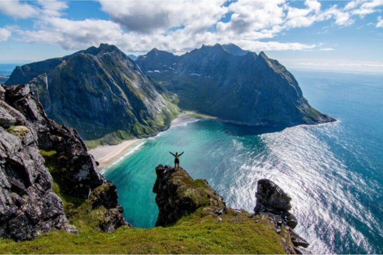 The hike to Kvalvika Beach in Lofoten, Norway.