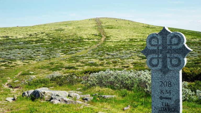 Nidaros Cathedral mile marker on the St. Olav’s pilgrim trail in Norway.
