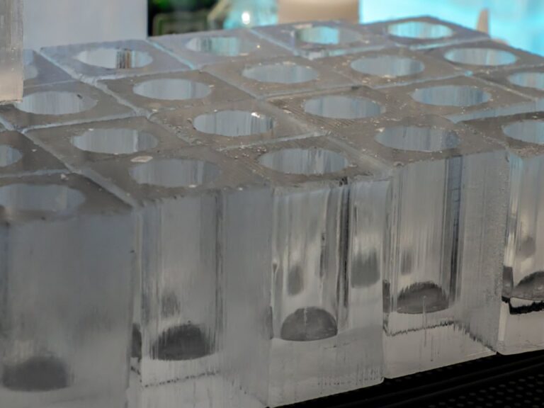 Ice glasses in the bar at Icehotel in Jukkasjärvi, Sweden.