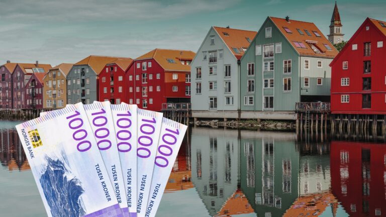 Norwegian kroner on a picture of Trondheim. Concept of personal loan in Norway feature image.