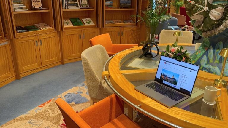 Laptop in a lounge on a cruise ship in Norway.