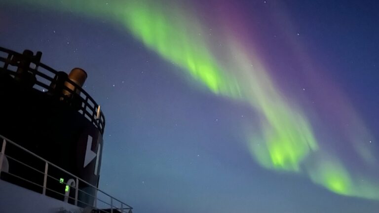 Northern lights seen from Hurtigruten outside Tromsø. Photo: David Nikel.