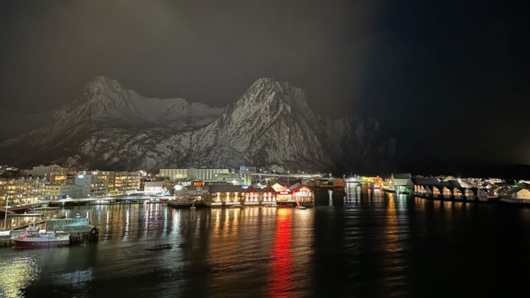 Svolvær in the winter seen from a departing Norwegian coastal ferry. Photo: David Nikel.