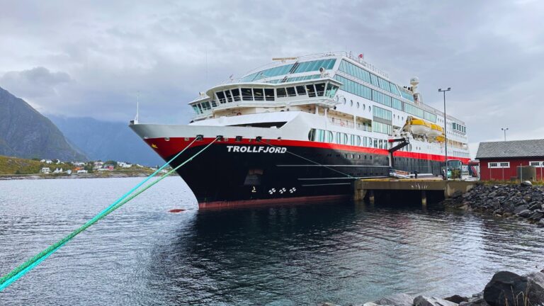 Hurtigruten MS Trollfjord docked in Lofoten. Photo: David Nikel.