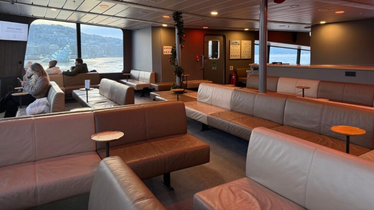 Interior lounge on ‘Vision of the Fjords’ sightseeing cruise ferry. Photo: David Nikel.