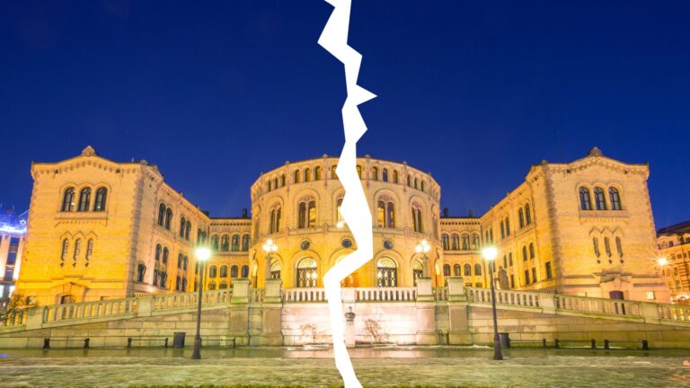 A crack in Oslo’s Parliament Building in Norway. Concept image.