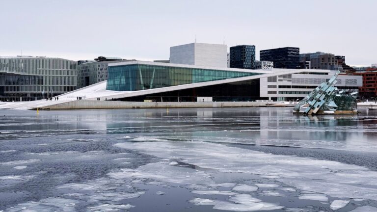 Frozen water and the Oslo waterfront from a fjord sightseeing cruise. Photo: David Nikel.