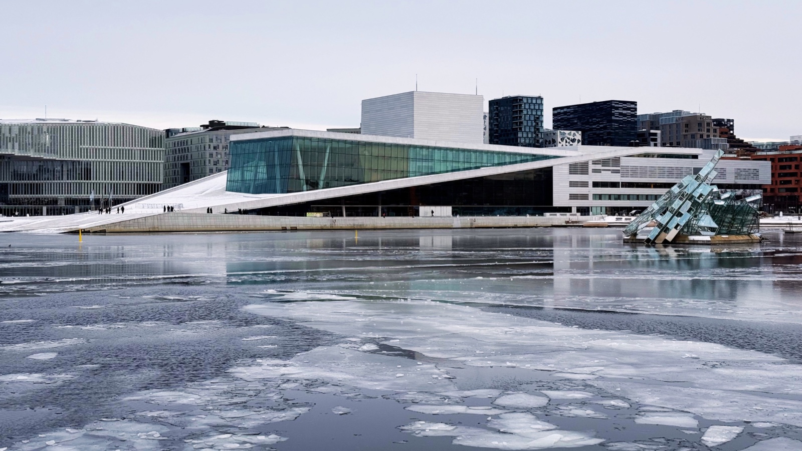 Frozen water and the Oslo waterfront from a fjord sightseeing cruise. Photo: David Nikel.