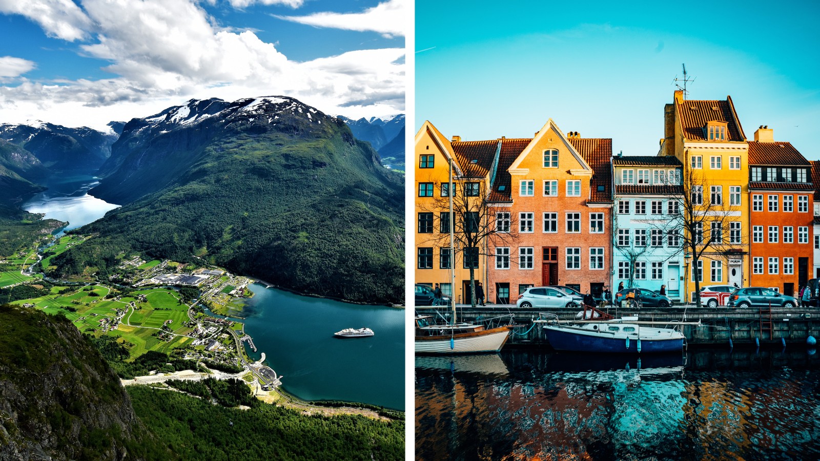 Images of a Norwegian fjord and a Copenhagen canal.